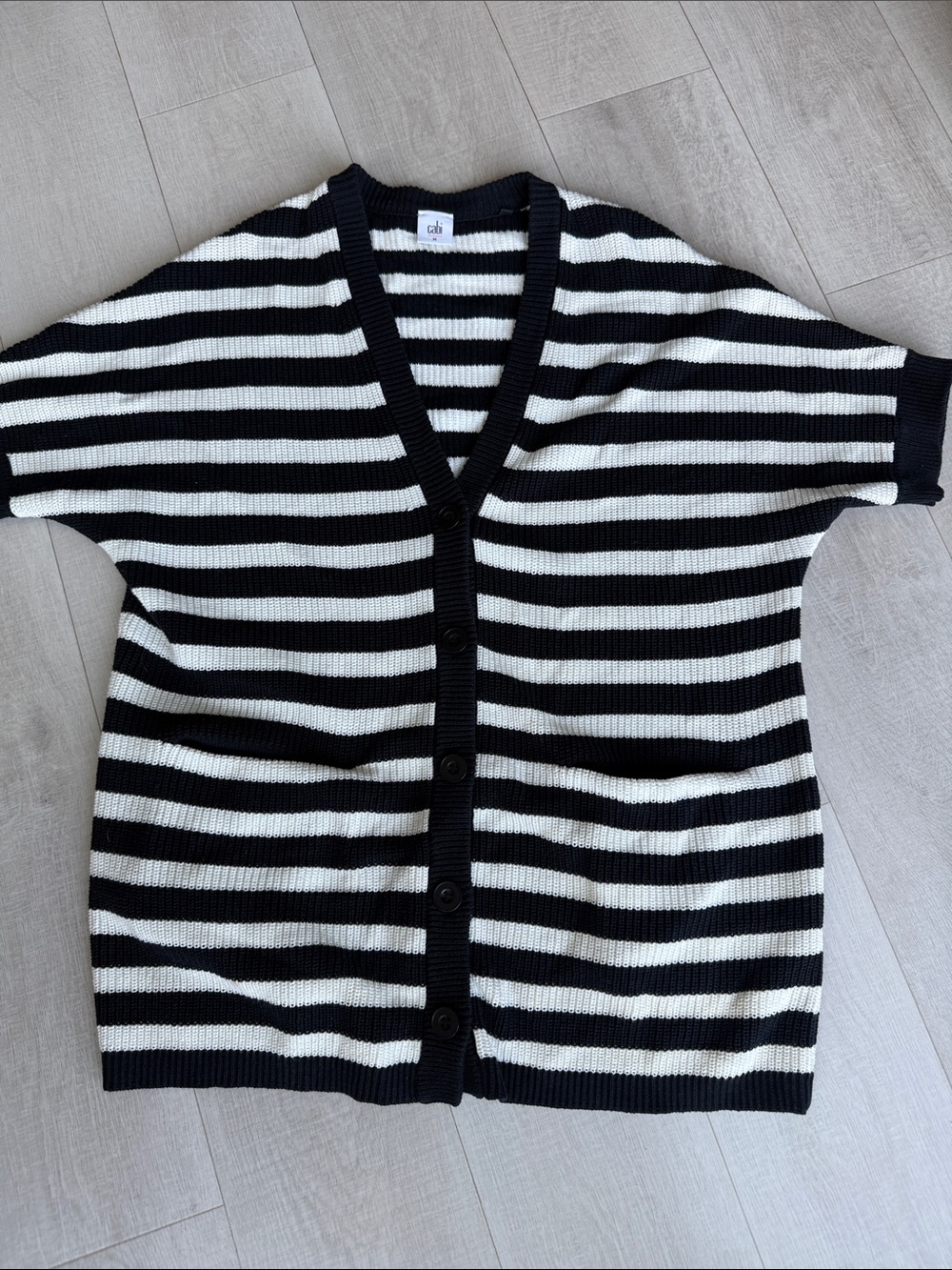 CAbi Black and White Striped Short-Sleeve Cardigan